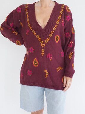 Vintage Studio Michelle Stuart Maroon Cotton Knit Floral V-Neck Sweater M